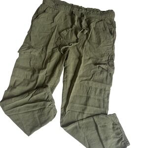 Aerie Cargo Linen Blend Jogger Pants Womens XS Green Drawstring Elastic Ankle